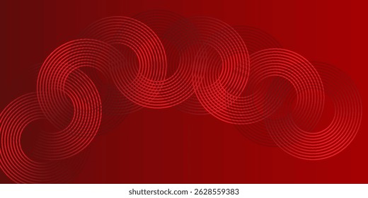 Abstract red background with glowing curve lines. Modern shiny red gradient geometric circle lines pattern. Futuristic concept. 