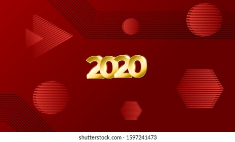 abstract red background with gold 2020 text with shadow and black line design for banner, background, backdrop, card, cover. elegant, simple vector eps 10