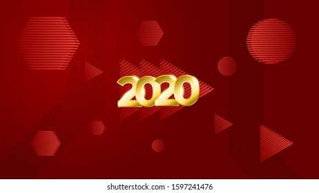 abstract red background with gold 2020 text with shadow and black line design for banner, background, backdrop, card, cover. elegant, simple vector eps 10