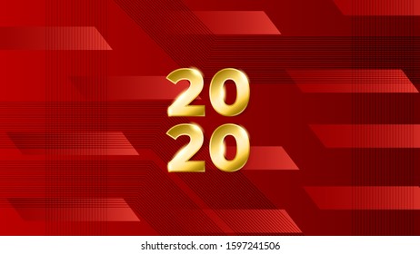 abstract red background with gold 2020 text with shadow and black line design for banner, background, backdrop, card, cover. elegant, simple vector eps 10