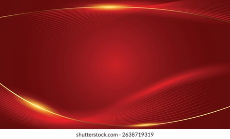 Abstract red background with gold accents and subtle glowing elements. The design features a central space framed by red dotted wave patterns and thin gold lines.  The overall effect is elegant and