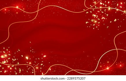 Abstract red background with golden lines and lighting effect. Luxury fabric red background with golden lines, sparkle glow, glitter light and beam effect decoration. Elegant style. Vector EPS10.
