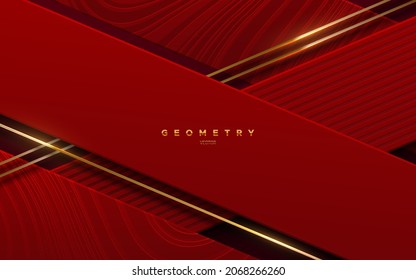 Abstract red background with golden strings. Vector illustration. Geometric backdrop. Red paper layers and gold stripes. Slanted shapes. Business presentation template. Minimalist decoration
