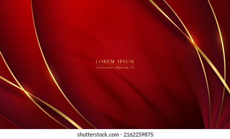 Abstract red background with luxury golden curve line and gold ribbon. Vector illustration