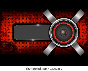 Abstract red background with metallic circle speaker and perforated pattern plate. Part of set. Vector art.
