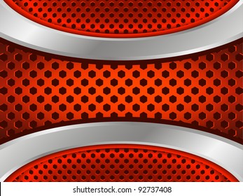 Abstract red background with metallic elements and hexagon perforated pattern. Part of set. Vector art.