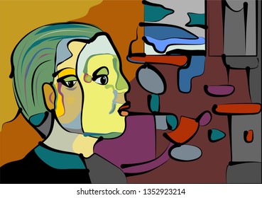 Abstract red  background ,neo-expressionism art style, man and mask
