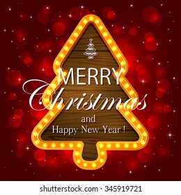 Abstract red background with retro lights on wooden banner in the form of Christmas tree, illustration.