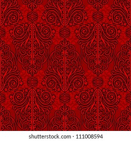 Abstract red background, royal, monochrome damask ornament, beautiful vintage, rich seamless pattern, luxury vector wallpaper, floral, oldest style fashioned arabesque fabric for decoration and design