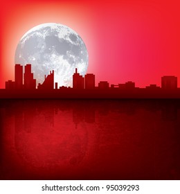 abstract red background with silhouette of city and moon