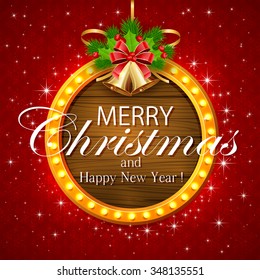 Abstract red background with snowflakes, lights on round wooden banner, golden bells with bow, holly berry and fir tree branches, illustration.