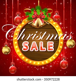 Abstract red background with snowflakes, lights on round wooden banner, Christmas balls with red bow, holly berry and fir tree branches, illustration.