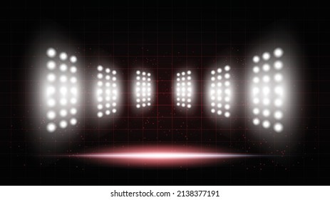 Abstract red background stadium stage hall with scenic lights of round futuristic technology user interface Blue vector lighting empty stage spotlight background.