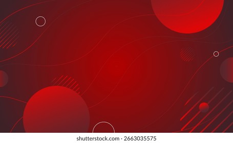Fundo vermelho abstrato com linhas onduladas e círculos. Ilustração vetorial.