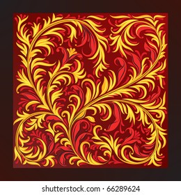 abstract red background with yellow floral ornament