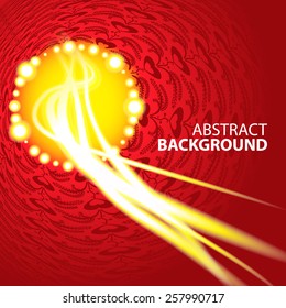 Abstract red background with yellow rays, receding into the distance with space for text