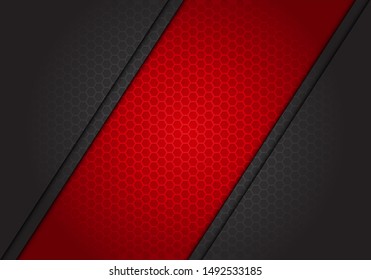 Recorte de banner rojo abstracto sobre el diseño de la malla hexagonal gris oscuro diseño moderno de fondo futurista ilustración vectorial.