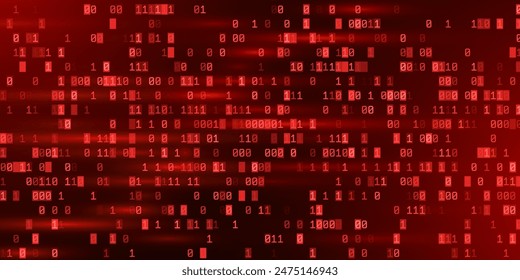 Abstract Red Binary Software Programming Code Background. Malicious Hack Malware Ransomware Concept. Data Leak Breach. Random Binary Data Matrix Wide Vector Illustration.