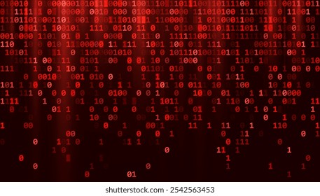 Abstract Red Binary Software Programming Code Background. Malicious Hack Malware Ransomware Concept. Data Leak Breach. Random Binary Data Matrix Wide Vector Illustration.