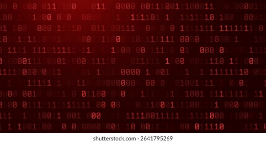 Abstract Red Binary Software Programming Code Background. Malicious Hack Malware Ransomware Concept. Data Leak Breach. Random Binary Data Matrix Wide Vector Illustration.
