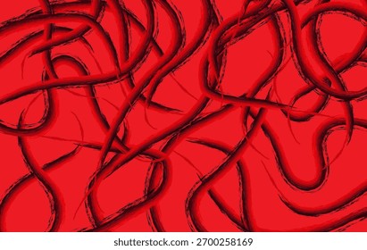Fundo vermelho e preto abstrato com linhas de traçado de pincel artístico e padrões ondulados. Perfeito para design criativo, cartazes e projetos de arte digital.