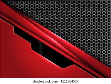 Abstract red black line plate on silver hexagon mesh design modern futuristic background texture vector illustration.