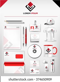 Abstract red and black logo and corporate identity template realistic set of cups, business card, letterhead, envelope, drive, usb memory sticks and pen. Vector illustration