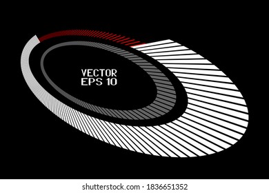 Abstract Red, Black and White Geometric Pattern with Circles. Striped Symbol Isolated on Black Background. Vector. 3D Illustration