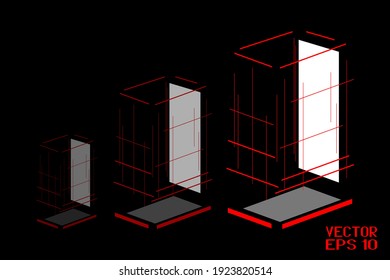 Abstract Red, Black and White Striped Pattern with Lines. Geometric Shape. Cubic Construction Isolated on Black Background. Vector. 3D Illustration