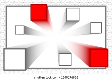 Abstract Red, Black and White Technological Pattern. Wall Construction Project. Square Blocks in Perspective. Cardboard Boxes Isolated on White Background. Vector. 3D Illustration