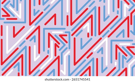 Abstract red and blue arrow-shaped line elements over white creating a futuristic directional layout with bold visual energy.