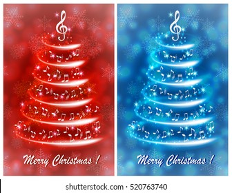 Abstract red and blue background with abstract Christmas tree and notes