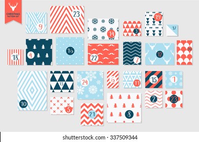 Abstract red and blue colored twenty four various seamless patterns set. Count down till christmas. Advent calendar. Vector