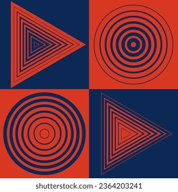 Abstract red and blue concentric, hypnotic circle and triangle elements isolated on a light background. Color ring and polygon pattern. Geometric centric vector illustration with editable stroke