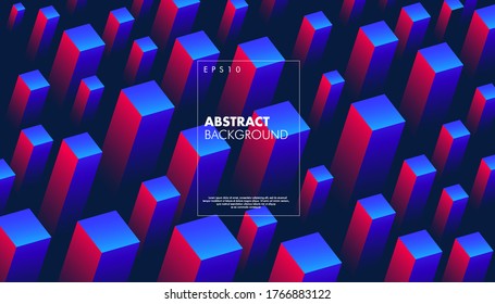 Abstract red and blue cubes pattern 3D design. Dynamic geometric trendy color on dark blue background.  Eps10 vector illustration.