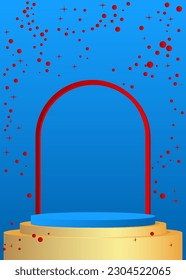 Abstract red, blue and gold mockup product display. Cylinder pedestal podium for presentation. Minimal geometric stage showcase. Vector 3D scene.