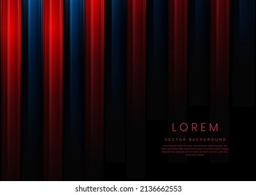 Resumen de degradado geométrico vertical rojo y azul que se solapa sobre fondo negro con espacio de copia para texto. Ilustración del vector