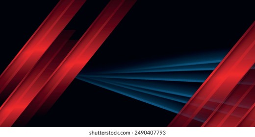 Abstractas capa diagonal geométrica de degradado rojo y azul sobre fondo negro con espacio de copia para el texto.