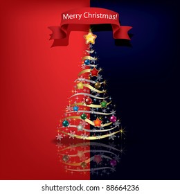 Abstract red blue greeting with Christmas tree