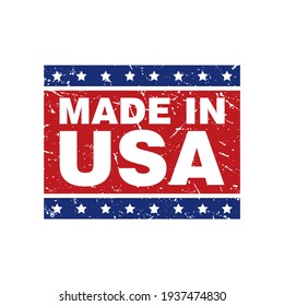 Abstract Red and Blue Grungy Made In USA Rubber Stamp Sign with Stars Illustration Vector, Made In United States of America Text Seal, Mark, Label Design Template