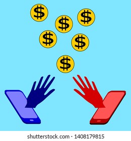 abstract red and blue hand on smartphone with yellow coins on blue background .