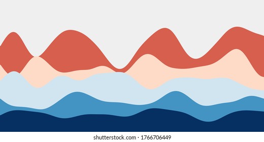 Abstract red and blue hills background. Colorful waves cool vector illustration.
