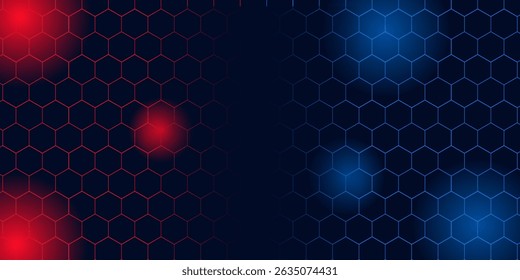 Abstractas línea de hexágono de luz azul rojo en Ilustración vectorial de fondo futurista de lujo moderno negro.