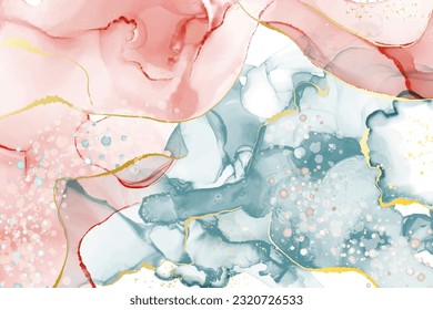 Abstract red, blue liquid watercolor background with gold dots and lines. Marble alcohol ink drawing effect, golden splash elements. Vector wallpaper