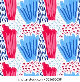 Abstract red and blue marker strokes with circles.Hand drawn with paint brush seamless background.Modern hipster style design.