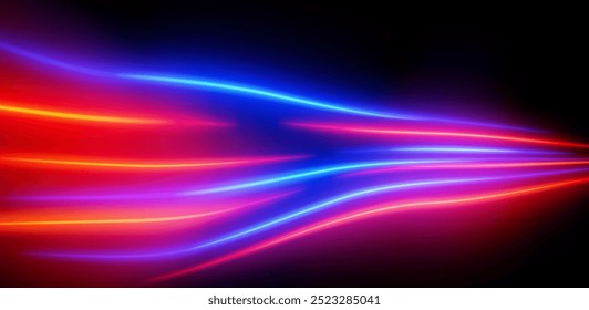 Abstract red and blue neon light streaks isolated on dark background. Wavy neon stripes with bright glowing lines. Graphical patch of reflected light. Lens flare. Abstract rays. Vector illustration.