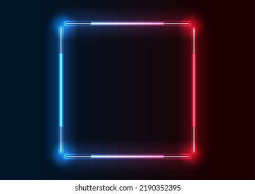 Abstract red blue neon square frame from fluorescent lamps. Sci-fi retro vector design