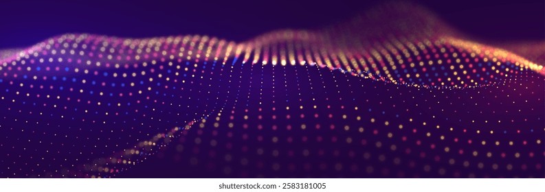 Abstract red and blue particle background. Flow wave with dot landscape. Digital data structure. Future mesh or sound grid. Pattern point visualization. Technology vector illustration.