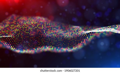 Abstract red and blue particles background. Flow wave with dot landscape. Digital data structure. Future mesh or sound grid. Pattern point visualization. Technology vector illustration.