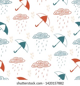 Abstract Red and Blue Rainy Day Vector Illustration Seamless Pattern